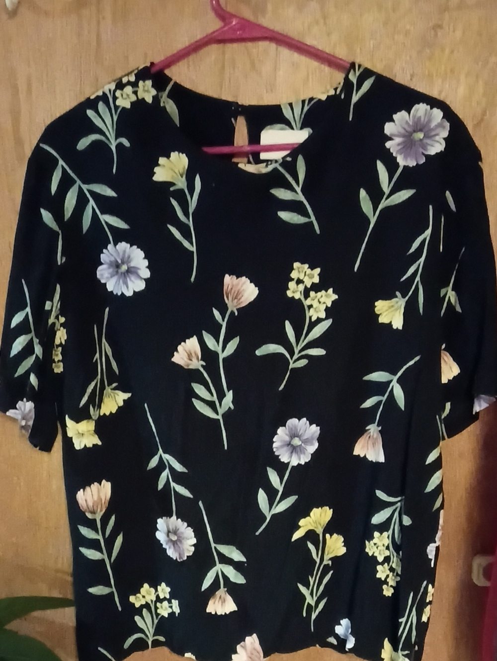 Jaclyn Smith Black Floral Short-Sleeve Blouse with Pastel Blooms